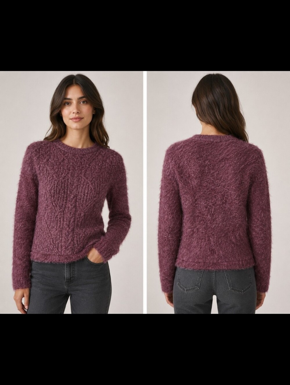 Conbipel  Plum Cable Knit Crew Neck Sweater Eyelash Knit Sleeves & Back Size Med